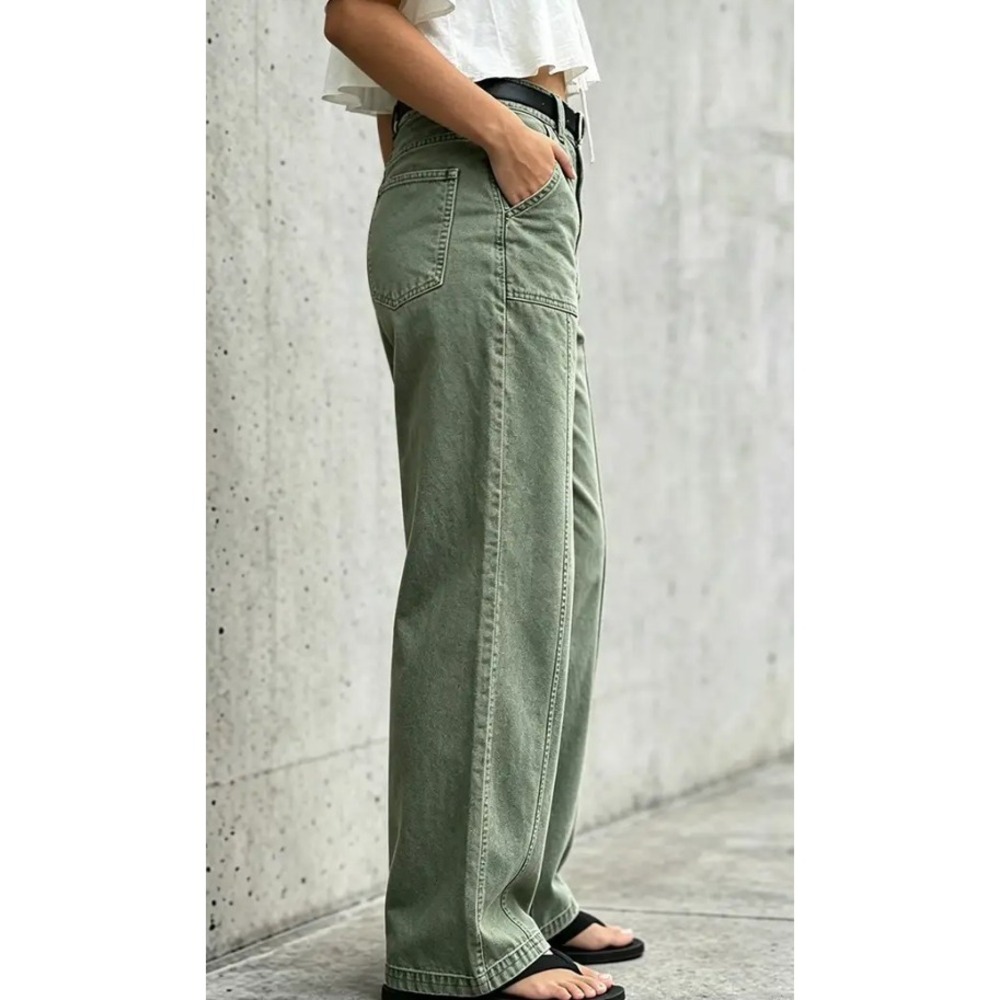 Flamingals Green Seam Front Patch Pocket Mid Rise Wide Leg Pants S 273608 HYL - Picture 2 of 7